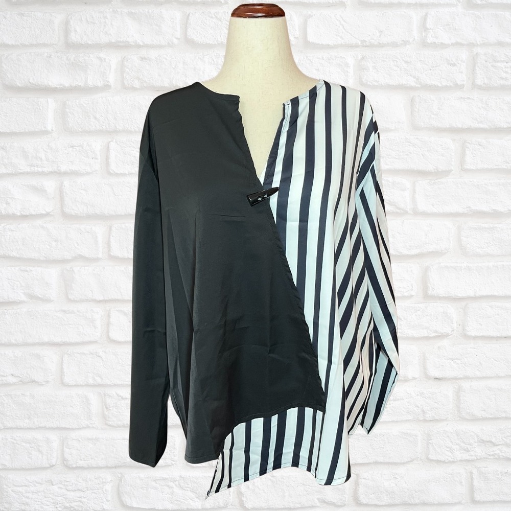 SHEIN LUNE Plus Size 3XL Black White Striped Long Sleeve Blouse Notched Neck